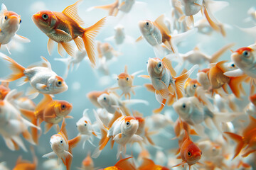 Vibrant school of goldfish swimming dynamically underwater creating a mesmerizing display of movement and color ideal for aquatic enthusiasts and nature lovers looking for captivating visuals

