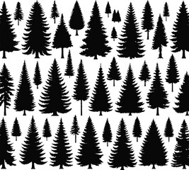 Pine tree silhouettes. Evergreen forest firs and spruces black shapes, wild nature trees templates. Vector illustration of woodland trees set on a white background design.