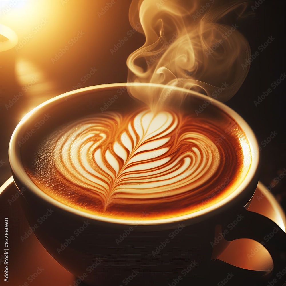 Poster a close-up view of a steaming latte with an expertly crafted heart-shaped foam art. the warm tones a