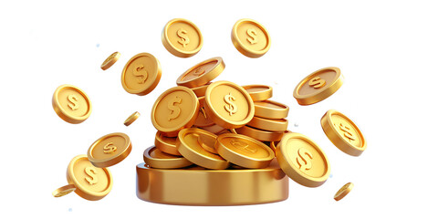 Falling gold coins, are a symbol of success, financial well-being, high income, big wins, and good luck. 3D style. Transparent background.