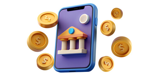 A mobile phone with a symbolic image of a bank, falling gold coins as concept of successful mediation, online banking, wise investment of money, generate income. Banner, advertising. 3D. Transparent