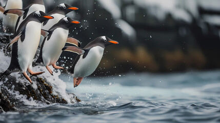 A group of penguins hesitating before jumping into the sea. Then, only one first penguin muster up its courage and jump into the sea
