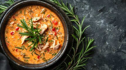  A bowl of soup, with a sprig of rosemary atop it, sits centrally on the table In the background, another bowl of soup is visible