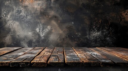 Wooden rustic table top on black background with smoke effect. Realistic 3d vector illustration of...