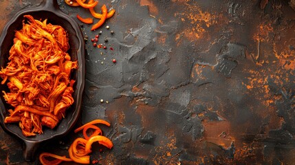  A bowl brimming with shredded carrots atop a black table Nearby lies a spoon and pepper flakes on its own dark surface