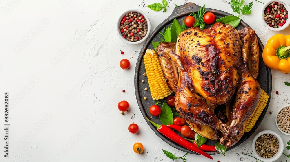 Wall mural  A roasted turkey on a white platter, surrounded by corn, tomatoes, peppers , and seasonings against a clean white backdrop with a white tabletop