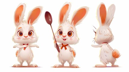 Obraz premium A series of rabbit cartoon characters are holding a black spoon, Generative AI illustrations. 