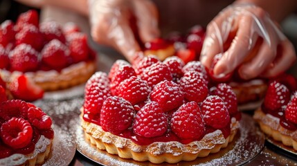  A person decorates a dessert with raspberries atop a silver platter Powdered sugar is dusted on top of the tarts - Powered by Adobe