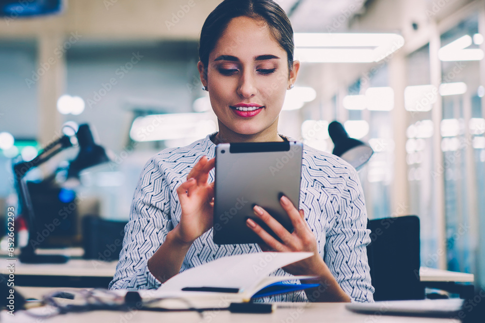 Aufkleber skilled female employee making research via digital tablet analyzing information from network creati