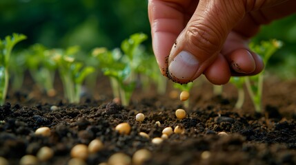 An elderly man is planting seeds in the garden. Close-up of a man's hands planting seeds in the soil. Spring work in the garden at the cottage.
