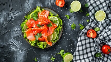  A plate of salmon atop a lettuce salad, featuring tomatoes and limes, presented against a black-and-white checkered tablecloth, accompanied by a coordinating black