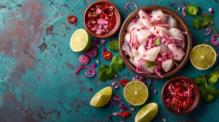  A table bearing bowls filled with food, adjacent to sliced lemons and cilantro atop a blue surface Nearby, sliced onions and limes are present