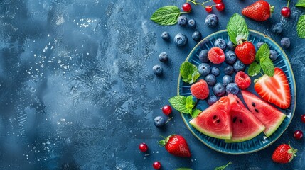  A blue background holds a plate of watermelon, blueberries, raspberries, and mint Mint leaves decorate the scene, alongside strawberries resting on a separate blue plate