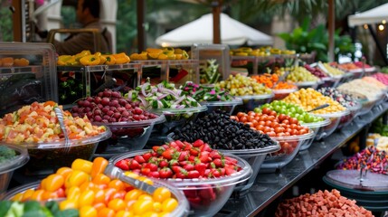  A display in a store filled with various fruits and vegetables on trays, adjacent to umbrella-shaded tables
