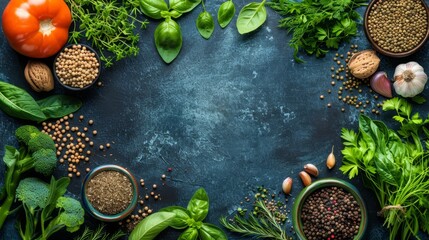  A blue surface table, laden with assorted veggies and grains, is encircled by diverse vegetable types Text space above - Powered by Adobe