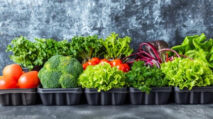  A row of trays, each filled with various fruits and vegetables, sits atop a gray countertop The trays hold tomatoes, broccoli, lettuce, two tomatoes