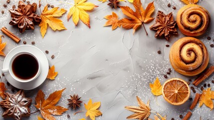  A table holds a cup of coffee, cinnamon rolls, and oranges Autumn leaves surround the scene Cinnamon sticks gracefully rest by the cup, and the table edge