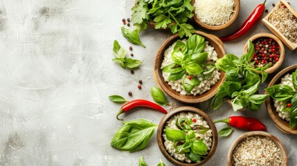  A table is topped with wooden bowls, each holding different types of food Nearby stand pepper, basil, garlic, and parmesan, arranged atop a pristine