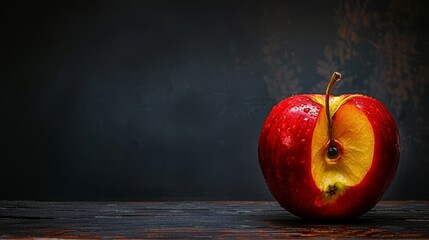  A bitesize apple against a dark background, situated on a worn wooden table