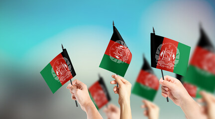 A group of people are holding small flags of Afghanistan in their hands