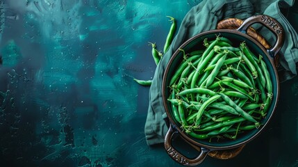  A bowl filled with green beans sits atop a wooden table Nearby, a green cloth covers a blue tablecloth A separate wooden bowl, equipped with a wooden handle, rests - Powered by Adobe