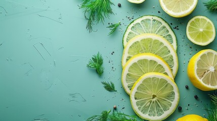  Lemons, limes, and a sprig of dill are placed on a blue surface Dill is situated to the side of the top image