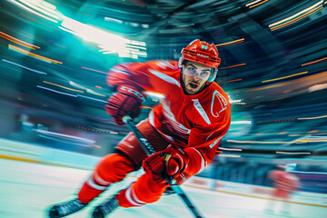 Obraz premium An ice hockey player in a red uniform, captured mid-action on the rink, holds his stick with determination. The high-speed shutter creates motion trails, emphasizing the speed and