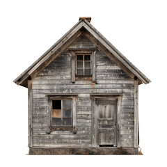 Obraz premium Detailed view of an old, weathered wooden cabin front with windows and door, cut out