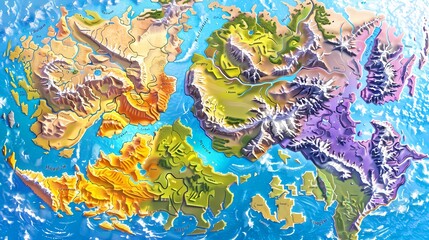 Fantasy continent map, simple, plain terrain, vibrant colours, Generative AI illustrations. 