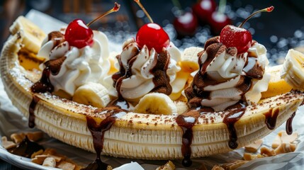  A banana split topped with ice cream, sliced bananas, cherries, whipped cream, and a drizzle of chocolate sauce over bananas and cherries