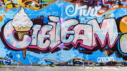 Graffiti background, spray paint inscription with the inscription ice cream, Generative AI illustrations. 