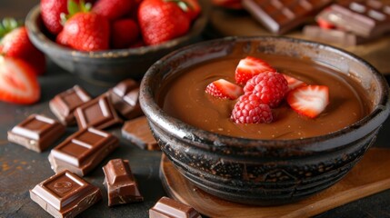 1 Chocolate with strawberries nearby.2 Chocolate paired with raspberries.3 A separate bowl of