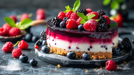  A tight shot of a cake on a plate, adorned with berries atop Blueberries and raspberries decorate...