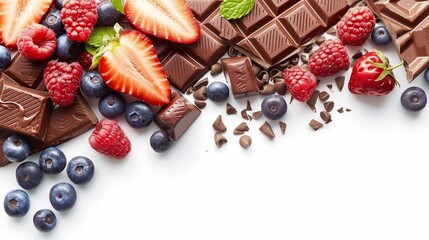  A white background displays various chocolates, including raspberries, blueberries, and...