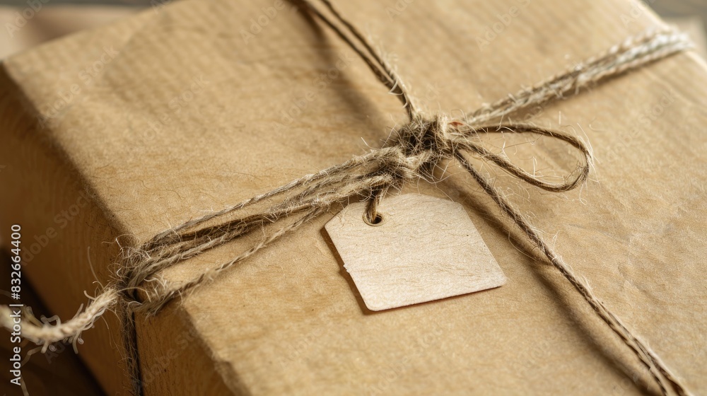 Poster a package covered in tan paper fastened with coarse string and a blank tag