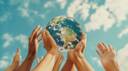 Hands of diverse people encircle a globe, global unity, global peace and environmental protection.