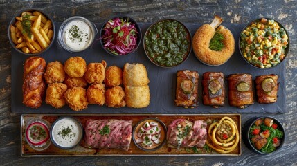  A table laden with various foods Nearby, bowls brimming with dipping sauces Above, a platter of assorted dishes atop trays