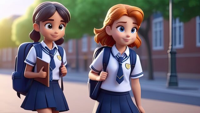 Two girls in school uniforms walk down the street. One girl is holding a book. The girls are smiling and seem happy
