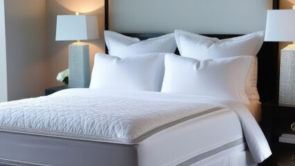 A bed with white sheets and pillows, and a white comforter. The bed is made and looks very inviting