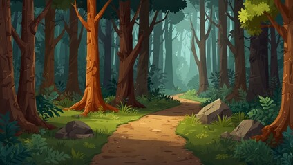 Forest path cartoon game background, seamless for adventure applications. 2d style