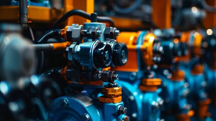 Fototapeta premium Close-up of hydraulic systems with orange and blue features, demonstrating mechanical automation (focus on, machinery theme, dynamic, silhouette, engineering workshop backdrop)