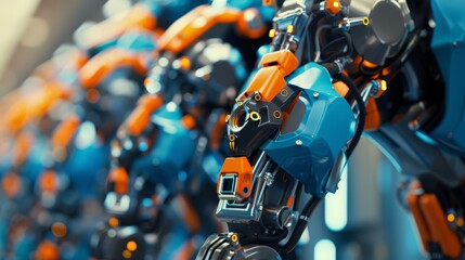 Fototapeta premium Close-up of 3D printers with orange and blue accents, illustrating innovation in automation and engineering (copy space, innovation theme, whimsical, manipulation, prototype lab backdrop)