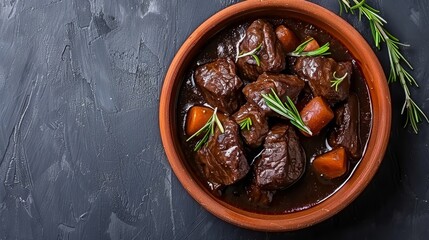  A bowl brimming with beef and carrots atop a black stone surface Rosemary spring adorns the scene, one atop the dish, another by its side Wood