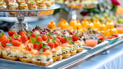  A table laden with tray after tray of cupcakes, each boasting a generous swirl of frosting Strawberries perch atop the sweet treats, garnished