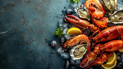  Lobsters and Oysters on Ice with Lemon Wedges & Parsley....Parsley on a Dark Background