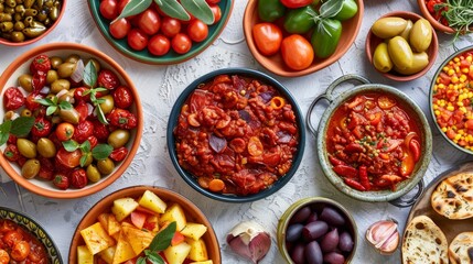  A table laden with bowls of various foods Vegetables such as olives, tomatoes, and others...