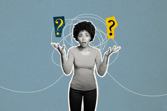Composite photo collage of astonished american girl think dilemma question mark unsure solution decision isolated on painted background
