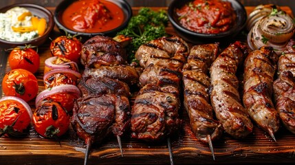  A wooden table is laden with various meat and vegetable dishes on skewers