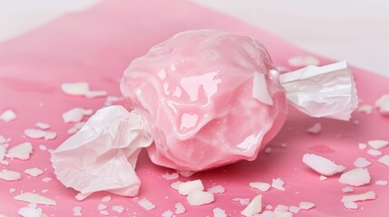 A tight shot of a candy ball atop a pink background, embellished with confetti sprinkles above, and a plastic wrapper concealed beneath