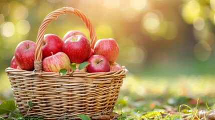  A basket brimming with red apples atop a grassy expanse One field boasts lush, green cover, while another adjoins, its tree background verdant and